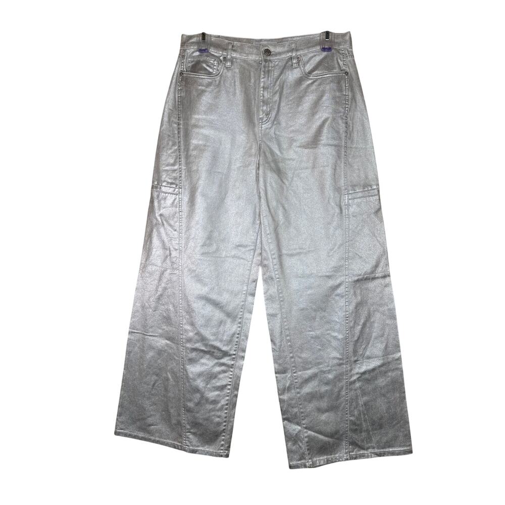 DKNY Silver Coated Wide Leg Jeans Women Size 31 High Rise Y2K, Street Style
